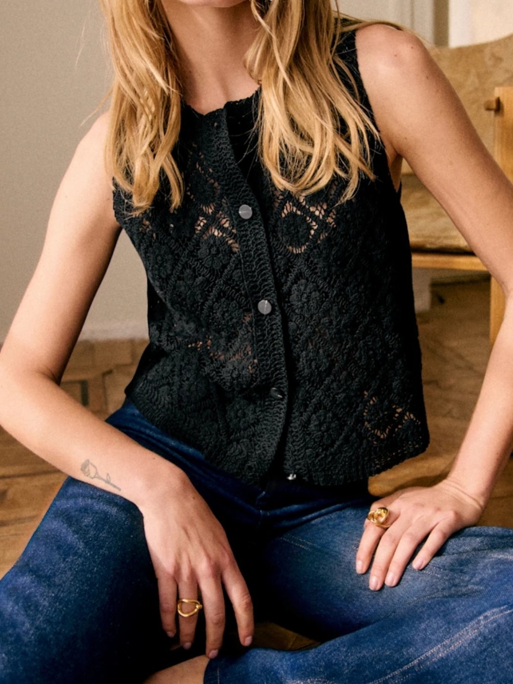 Sezane Ron Black Sleeveless Crochet Button-Front Vest